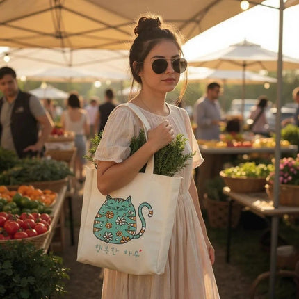 KPOP Cartoon Cat Tote – Korean Flannel Bag with Zipper Pocket