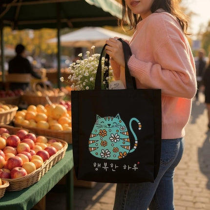 KPOP Cartoon Cat Tote – Korean Flannel Bag with Zipper Pocket