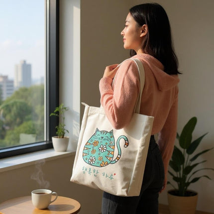 KPOP Cartoon Cat Tote – Korean Flannel Bag with Zipper Pocket