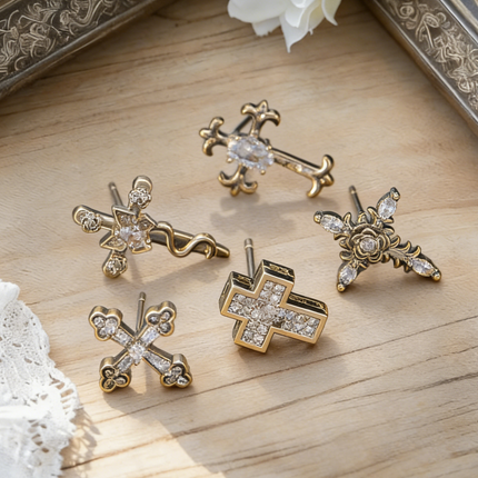 Light Luxury Copper Zircon Cross Earrings