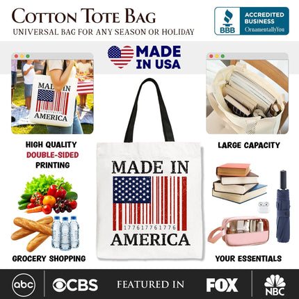 Made In America Bar Code Flag Tote Bag, Patriotic 1776 USA 250th Anniversary Gift Shopper