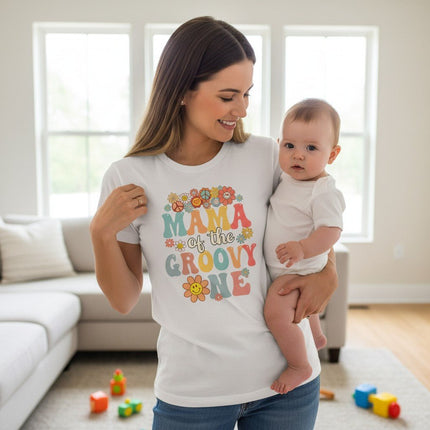 Mama Of The Groovy One T-Shirt Cotton Graphic Tee Mom Gift