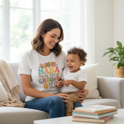 Mama Of The Groovy One T-Shirt Cotton Graphic Tee Mom Gift