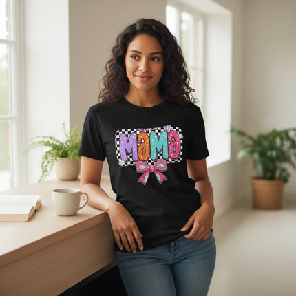 Mama T-Shirt Checkerboard Bow Graphic Tee 100% Cotton Casual Top