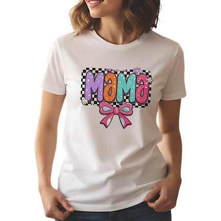 Mama T-Shirt Checkerboard Bow Graphic Tee 100% Cotton Casual Top