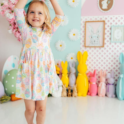 Egg-stra Cute 3/4 Sleeve Pocket Twirl Dress