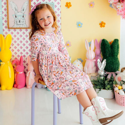 Springtime Bunnies 3/4 Sleeve Pocket Twirl Dress