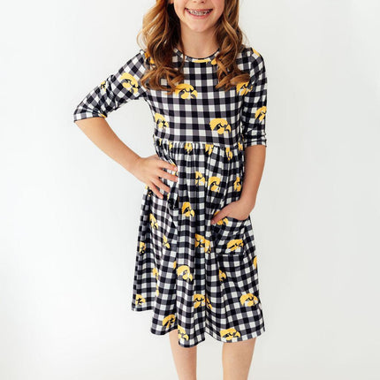 Iowa Plaid Tigerhawk 3/4 Sleeve Pocket Twirl Dress