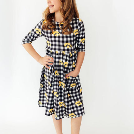 Iowa Plaid Tigerhawk 3/4 Sleeve Pocket Twirl Dress