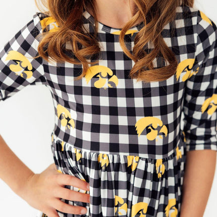 Iowa Plaid Tigerhawk 3/4 Sleeve Pocket Twirl Dress