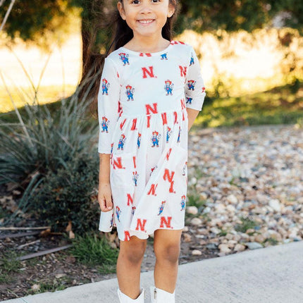 Nebraska White Herbie Husker 3/4 Sleeve Pocket Twirl Dress