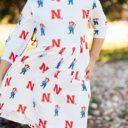 Nebraska White Herbie Husker 3/4 Sleeve Pocket Twirl Dress