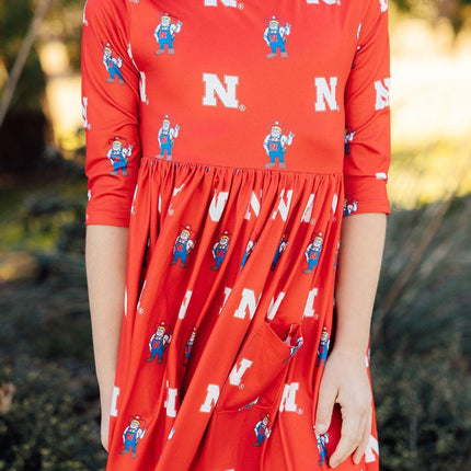 Nebraska Red Herbie Husker 3/4 Sleeve Pocket Twirl Dress