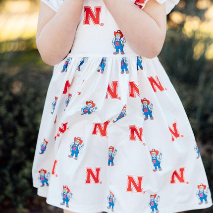 Nebraska White Herbie Husker Flutter Twirl Dress