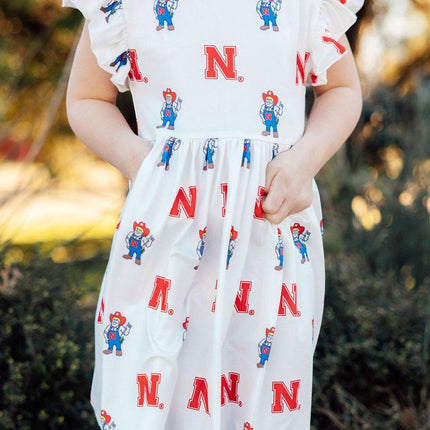 Nebraska White Herbie Husker Flutter Twirl Dress
