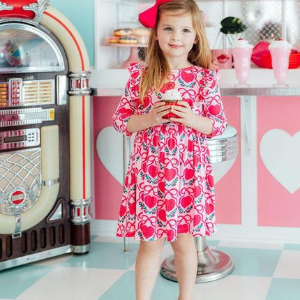 Fluttering Hearts 3/4 Sleeve Ruffle Twirl Dress