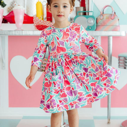 SALE Watercolor Hearts 3/4 Sleeve Pocket Twirl Dress
