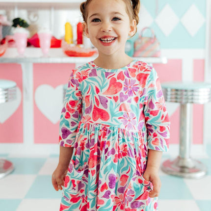 SALE Watercolor Hearts 3/4 Sleeve Pocket Twirl Dress