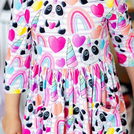 Peace, Love & Pandacorns 3/4 Sleeve Pocket Twirl Dress
