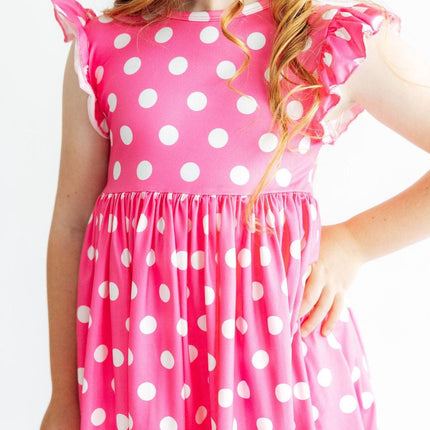 Pink Polka Dots Flutter Sleeve Twirl Dress