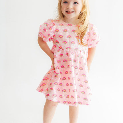 Pink Rainbow Puff Sleeve Sequin Dress