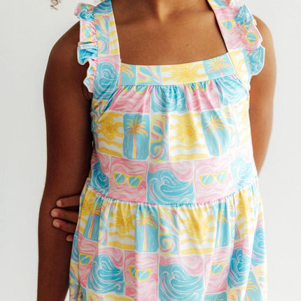 Tropical Summer Ruffle Cross Back Dress