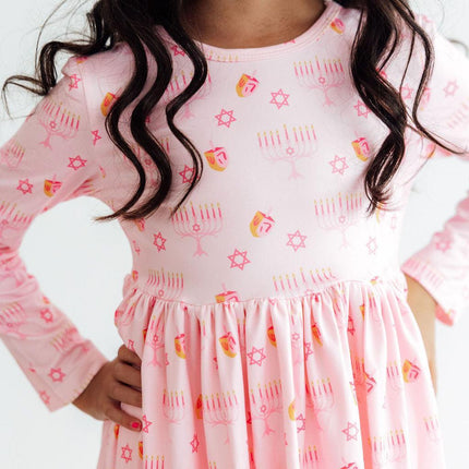 Pink Dreidel Darling L/S Pocket Twirl Dress
