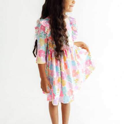 Colorful Carnations 3/4 Sleeve Ruffle Twirl Dress