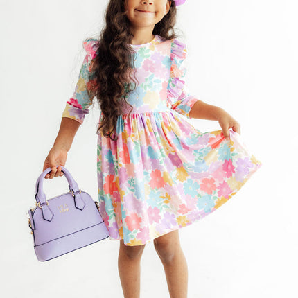 Colorful Carnations 3/4 Sleeve Ruffle Twirl Dress