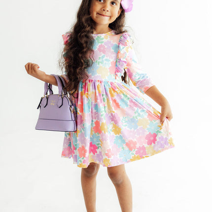 Colorful Carnations 3/4 Sleeve Ruffle Twirl Dress