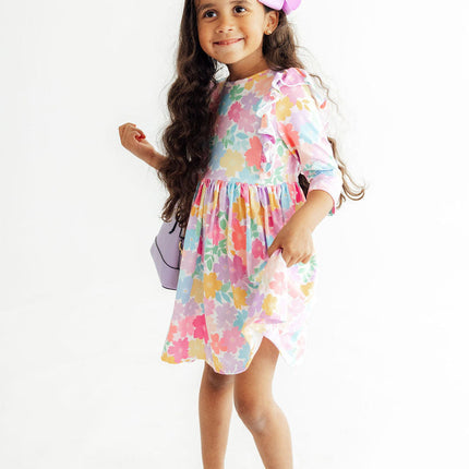 Colorful Carnations 3/4 Sleeve Ruffle Twirl Dress