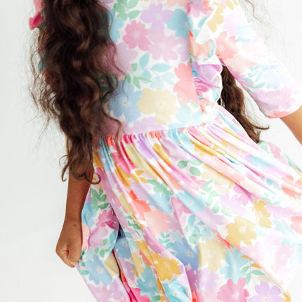 Colorful Carnations 3/4 Sleeve Ruffle Twirl Dress