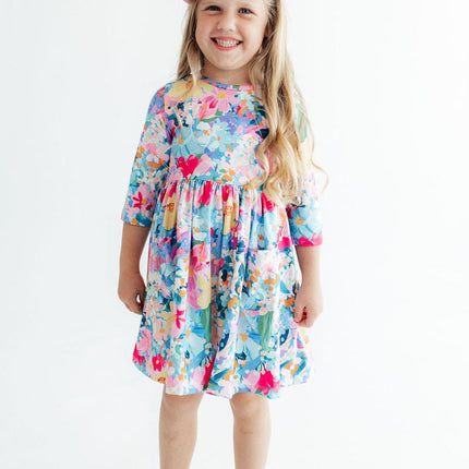 Flower Market 3/4 Sleeve Pocket Twirl Dress