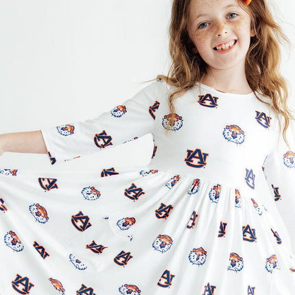Auburn White Aubie 3/4 Sleeve Pocket Twirl Dress