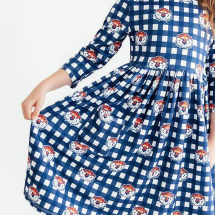 Auburn Plaid Aubie 3/4 Sleeve Pocket Twirl Dress
