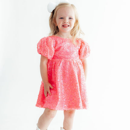 Neon Pink Puff Sleeve Sequin Dress