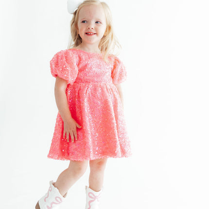 Neon Pink Puff Sleeve Sequin Dress
