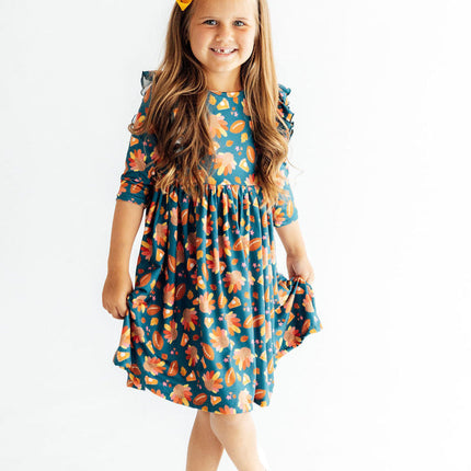 Gobble til You Wobble 3/4 Sleeve Ruffle Twirl Dress