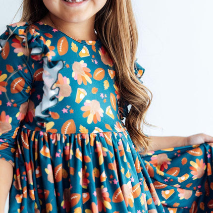Gobble til You Wobble 3/4 Sleeve Ruffle Twirl Dress