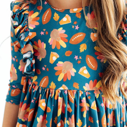 Gobble til You Wobble 3/4 Sleeve Ruffle Twirl Dress