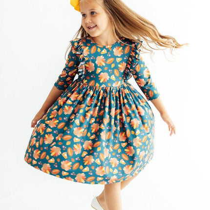 Gobble til You Wobble 3/4 Sleeve Ruffle Twirl Dress