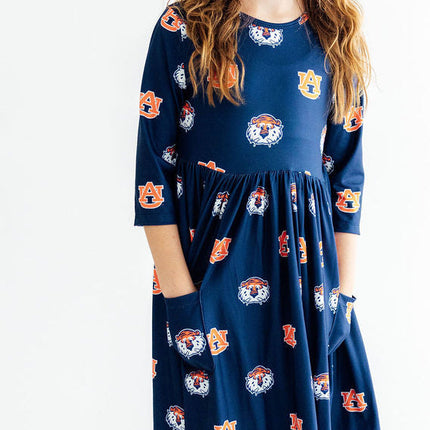 Auburn Blue Aubie 3/4 Sleeve Pocket Twirl Dress