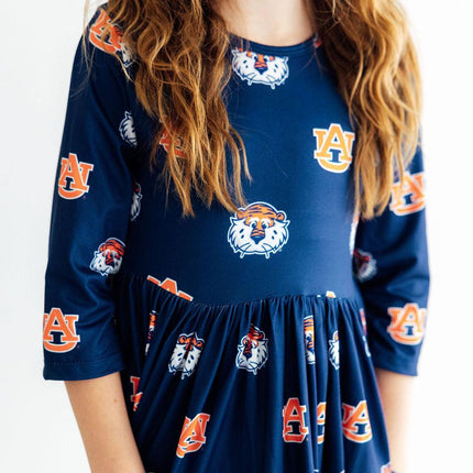 Auburn Blue Aubie 3/4 Sleeve Pocket Twirl Dress