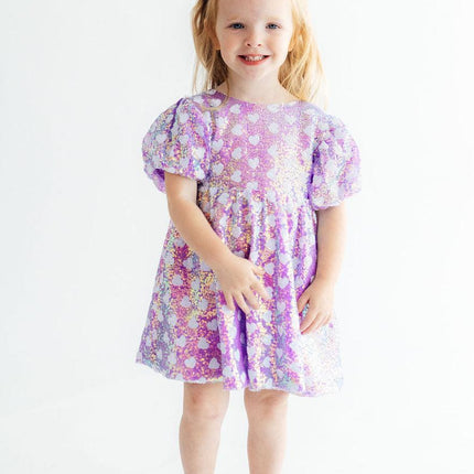 Periwinkle Heart Puff Sleeve Sequin Dress