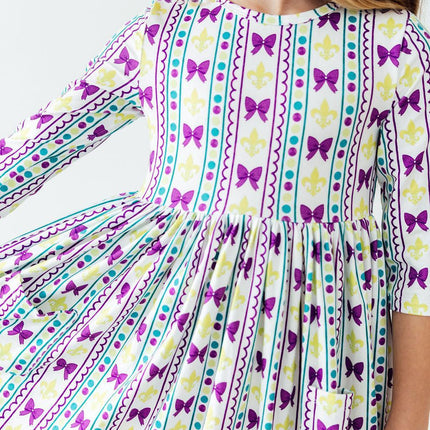 Mardi Gras 3/4 Sleeve Pocket Twirl Dress
