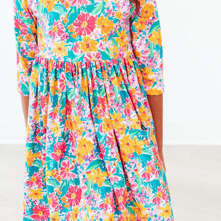 Floral Fiesta 3/4 Sleeve Pocket Twirl Dress
