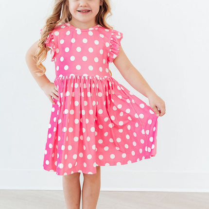 Pink Polka Dots Flutter Sleeve Twirl Dress