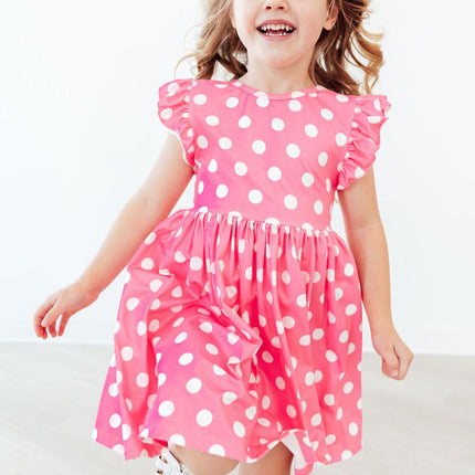 Pink Polka Dots Flutter Sleeve Twirl Dress