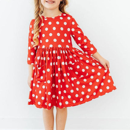 Red Polka Dots 3/4 Sleeve Pocket Twirl Dress