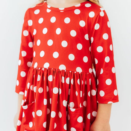 Red Polka Dots 3/4 Sleeve Pocket Twirl Dress